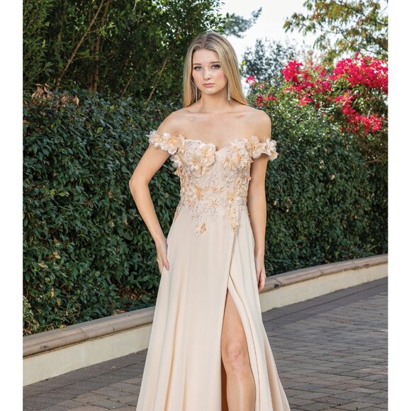 New Off Shoulder Long A-Line Floral Dress w/ Leg Slit & Lace Up Back DQ 4268 - Picture 7 of 9